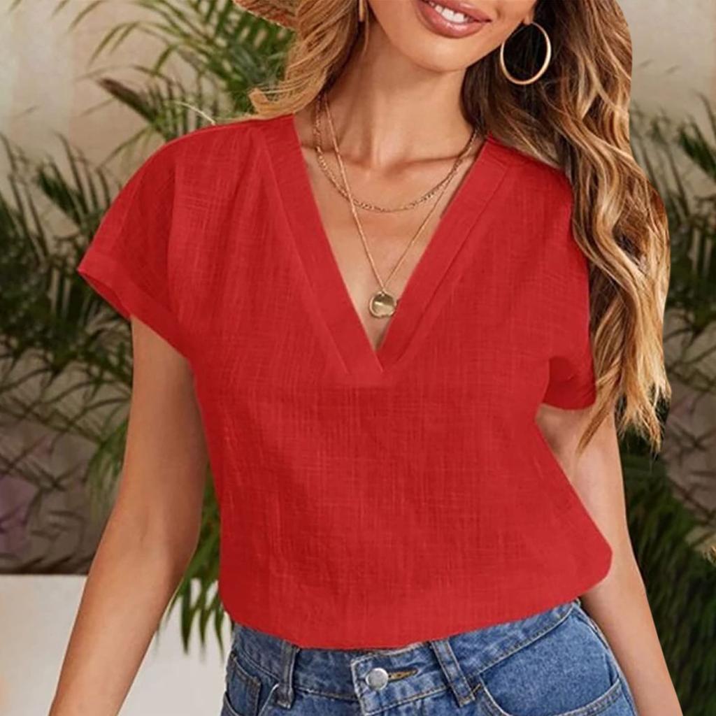 Women's Fashionable Cotton Linen Loose V-Neck Short-Sleeve Top