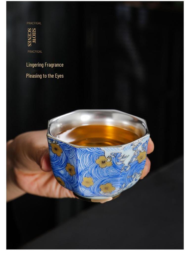 Sterling Silver & Ceramic Gilded Teacup - Kung Fu Style Master Tasting Cup Business Gift