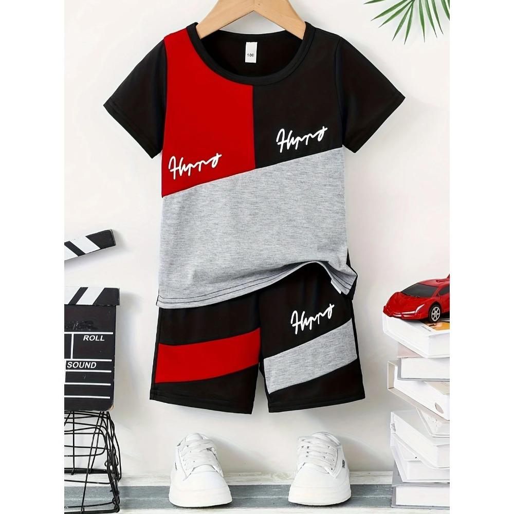 Summer boys two-piece set with spliced letter printed short sleeved shorts 150