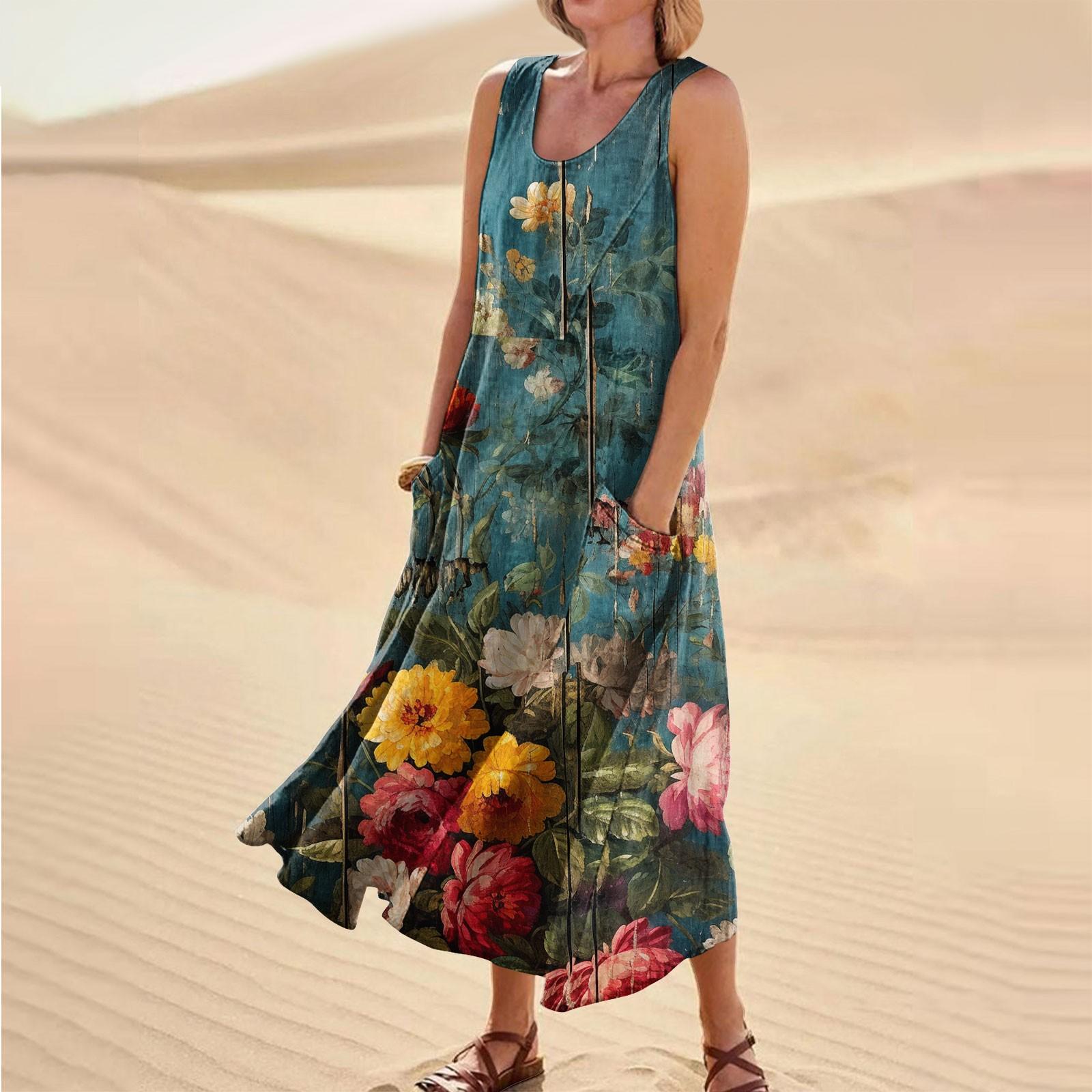 

Летние повседневные платья для женщин, сарафан без рукавов с цветочным принтом, плиссированная футболка, хлопковое платье с карманами L