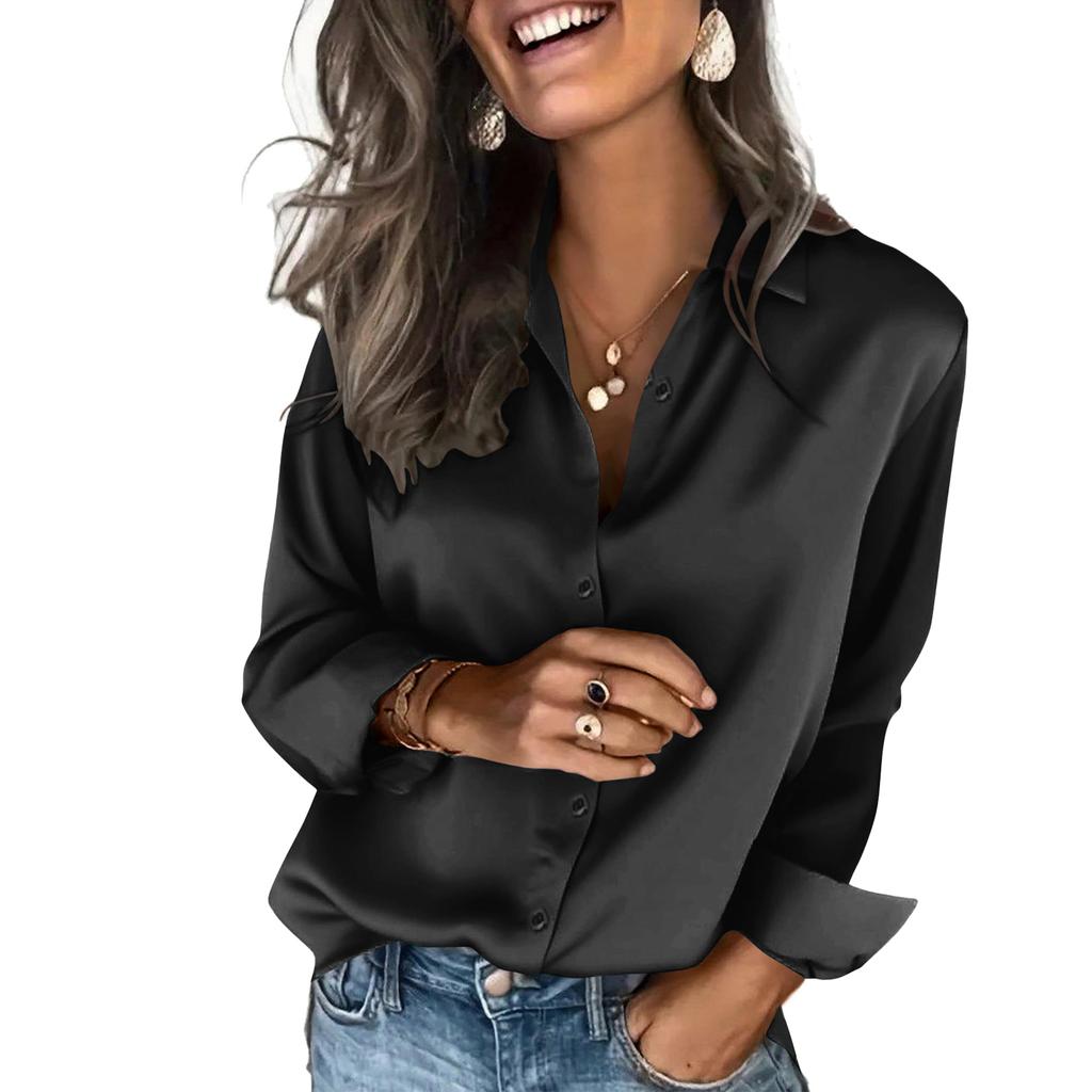 Women's Fashion Casual Solid Color Split Button Long Sleeve Shirt Top