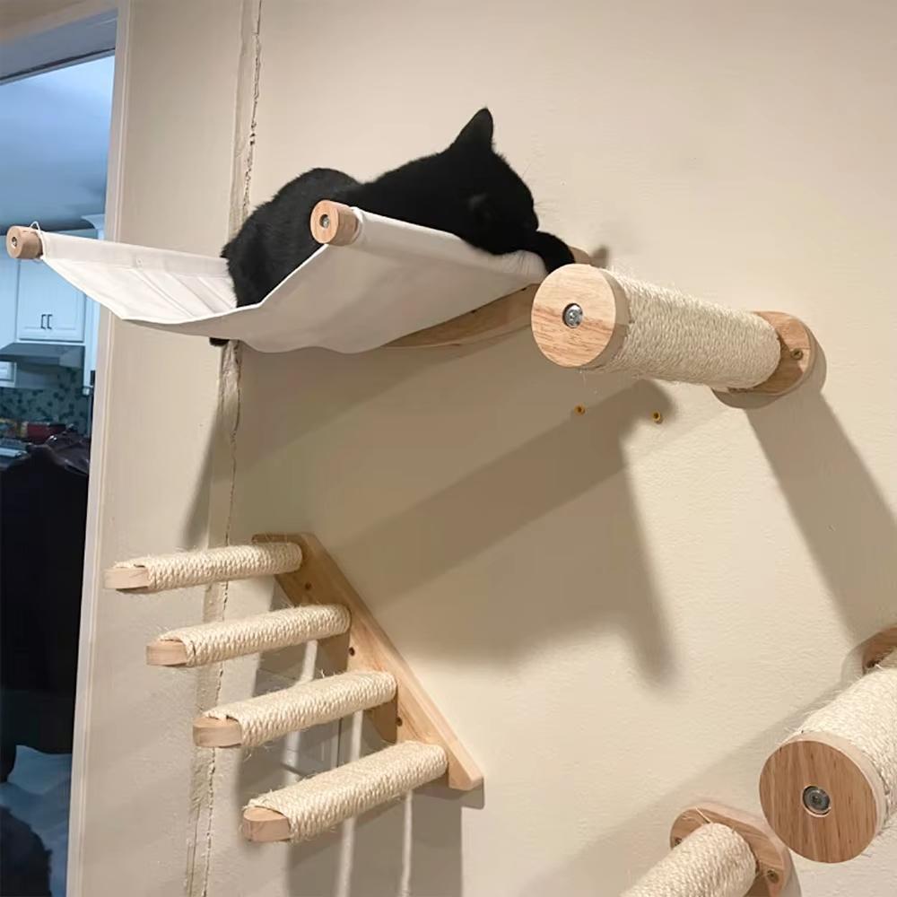 Cat Climbing Shelves Tree Cat Hammock Wall Mounted Tower Hand Woven Cat Wall Hanging House Macrame Detachable Steps & Platform