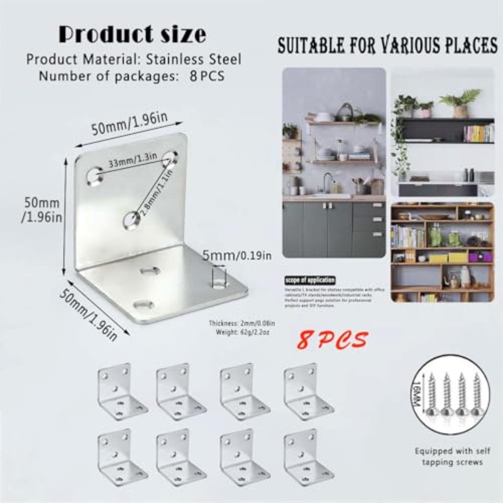8Pcs Stainless Steel Corner Brackets L-Shaped Angle Connectors For Cabinets Drawers Furniture Right Angle Fixed Bracket