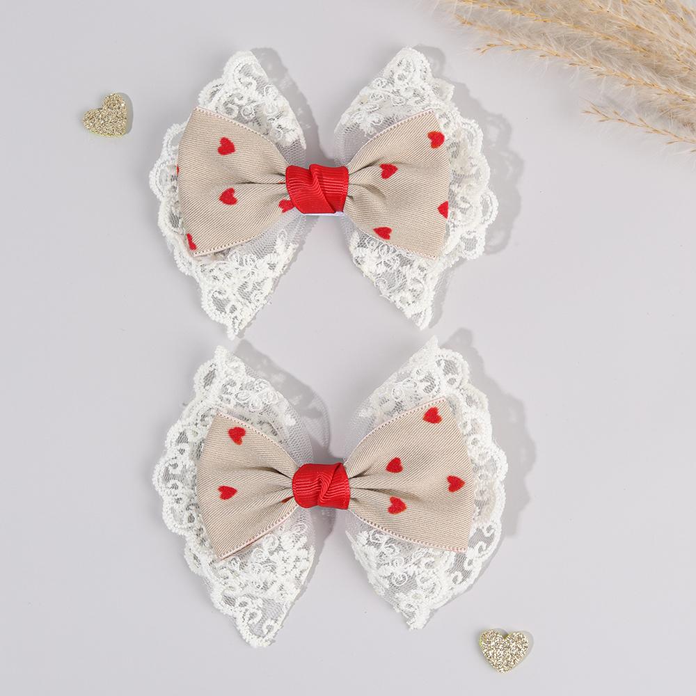 2Pcs Sweet Heart Print Hair Clips Flower Lace Hairpins Cute Pink Barrette For Girls Children Fashion Headdress Hair Accessories