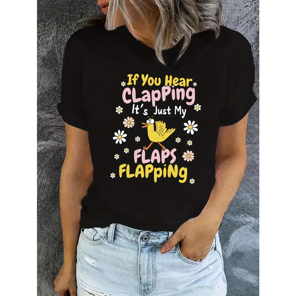 

Women s Casual Short Sleeve T-Shirt Cartoon Cute Duck Letter Flower Pattern Print, Regular Version Crew S