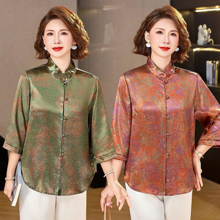 

Elegant Summer 2026 Top for Middle-aged Women: Three-Quarter Sleeve Shirt XL зелёный