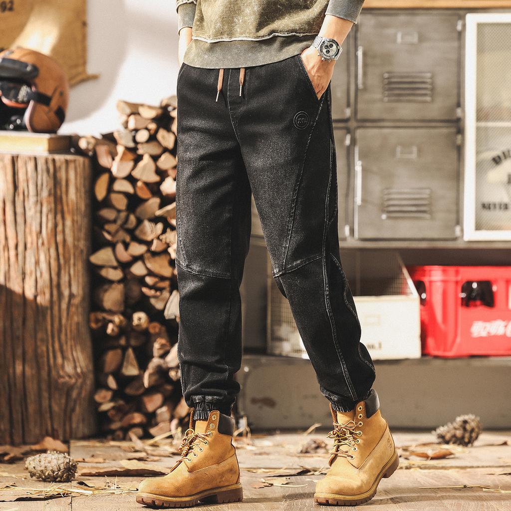 American retro jeans men's new spring and autumn tide brand old splicing tooling pants men's autumn casual pants