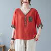 Cotton and Linen Fat Mm Fake Two-piece Mother's Outfit Literary Large Size Loose Belly-covering Slim Small Shirt T-shirt Short-sleeved Top