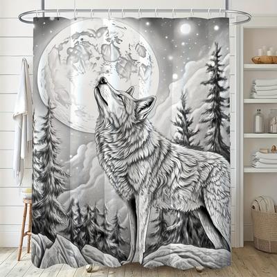 1pc Majestic Wolf Howling At Moon Art Print Shower Curtain - Polyester, Digital Print, All-Season, Machine Washable, Partially