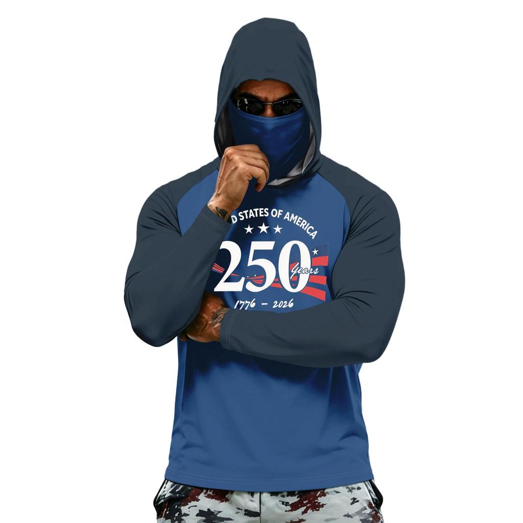 Men Long Sleeve Hooded Sun Protection Shirt with National Flag Graphic Quick Dry Lightweight Athletic Top for Outdoor Activities