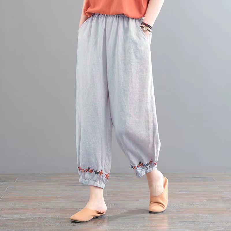 Pantaloni Harem de Damă Bumbac și In Retro Culoare Solidă Pantaloni Lungime Glezna Pantaloni Casual Largi Beige pentru Femei