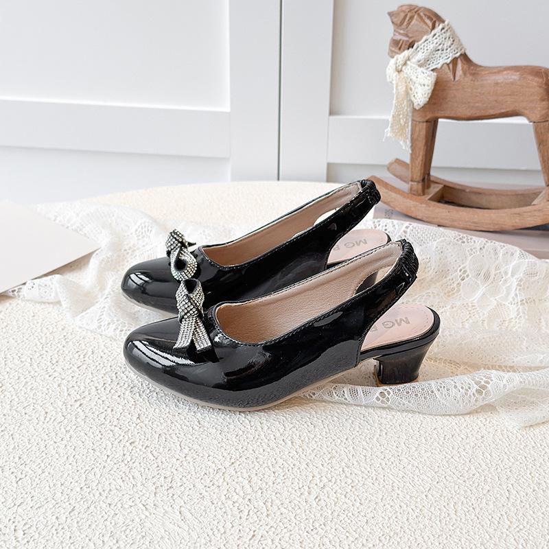 2025 Girls' Spring/Summer Butterfly Rhinestone High Heel Sandals in Mirror Patent Leather