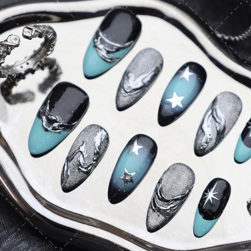 Handmade Press-On Nails With Starry Sky Design Green Black Blue Ombre Almond Shape Women Ins Style