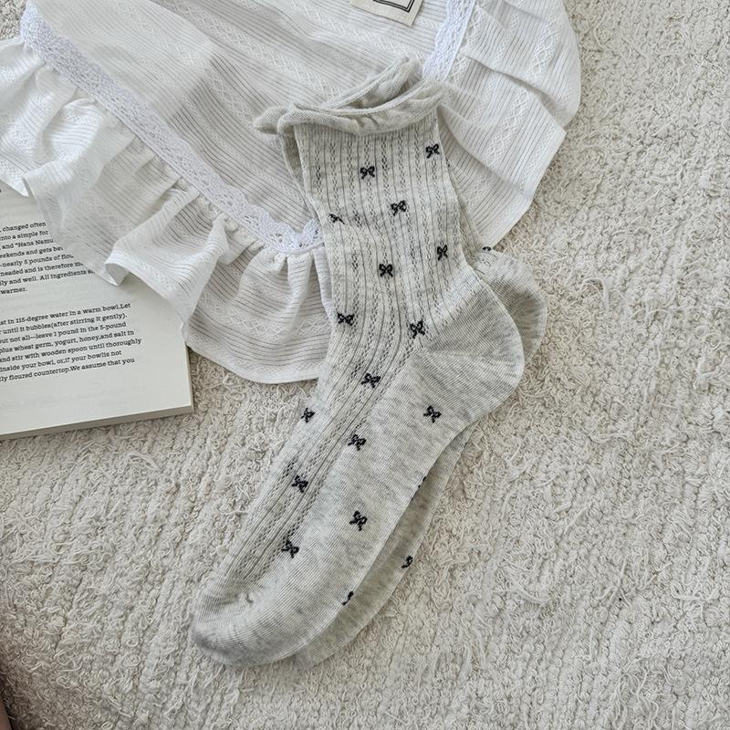 Summer Socks Boneless Stitched Cotton Socks Hollow Bow Thin Breathable Mid-High Thin Cotton Socks