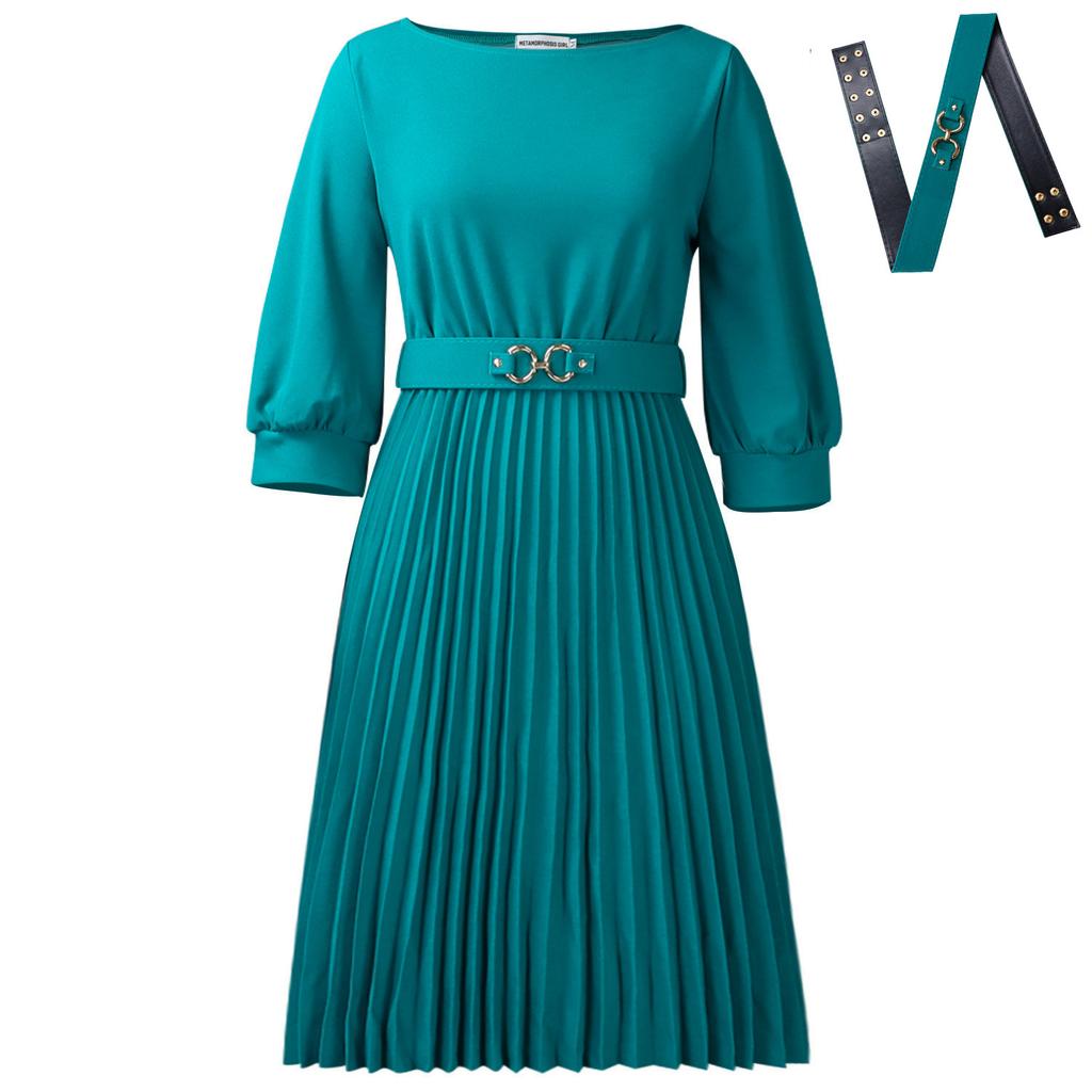 New Women's Clothing - Stylish and Elegant Round-neck, Three-quarter Sleeve Pleated Dress