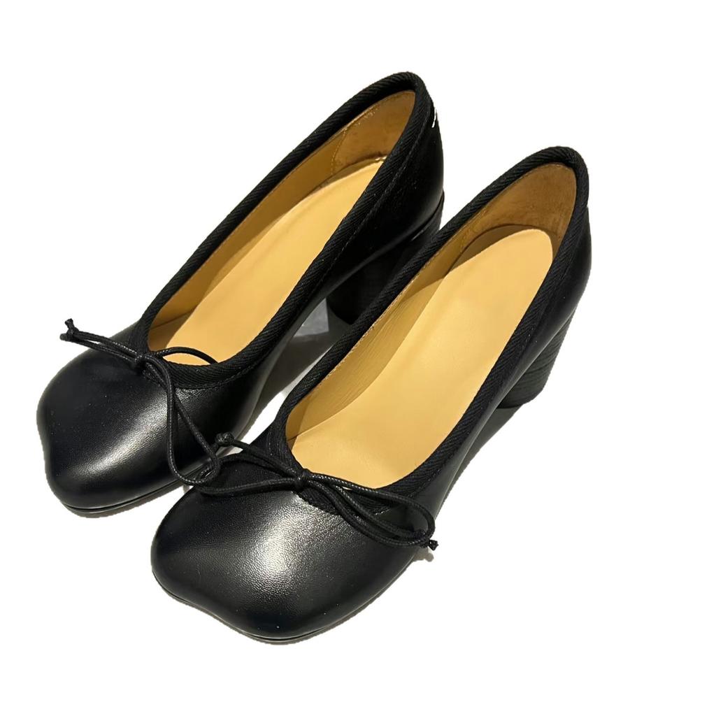 Mm6 Same Apple Head Light Mouth Single Shoes Ballet Mary Jane Round Heel High Heels Women'S Thick Heel