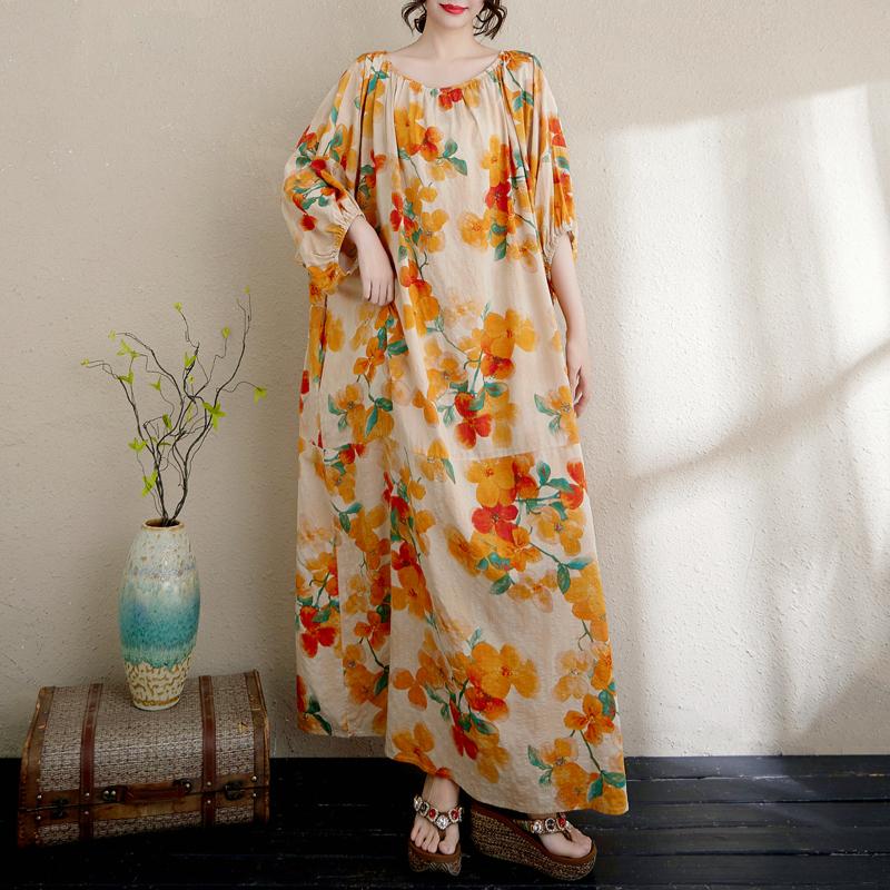 DIMANAF 2025 Summer Plus Size Dress Women Casual Vintage Floral Dress Basic Printing Long Beach Elegant Loose Dress