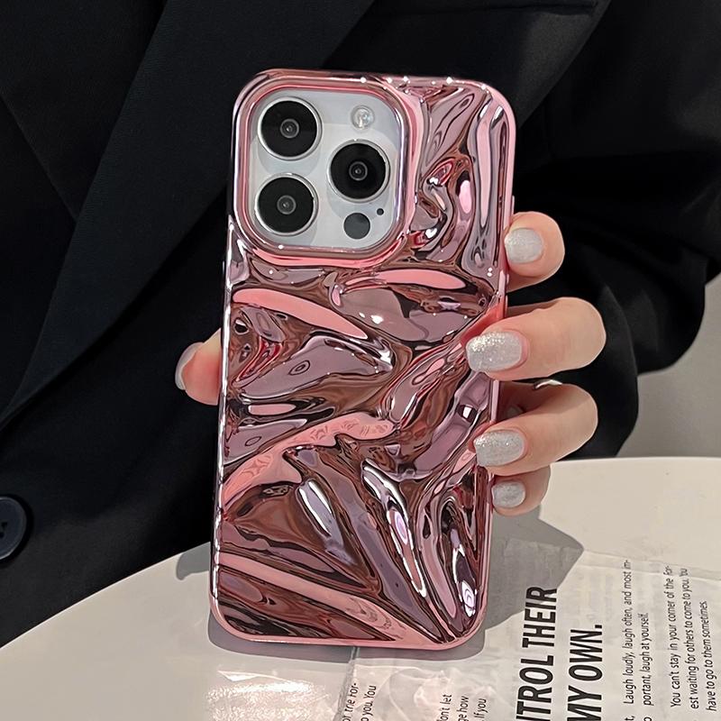 Electroplate Pink Wrinkle Wave Pattern Glossy Case For iPhone 17 Air 16 15 14 13 12 11 Pro Max Bright Back Cover