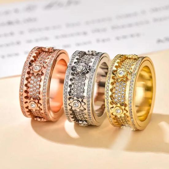 Finger Band Adjustable Anti-Anxiety Fidget Ring Stainless Steel Cubic Zirconia Inlaid Rotating Design Meditation Ring