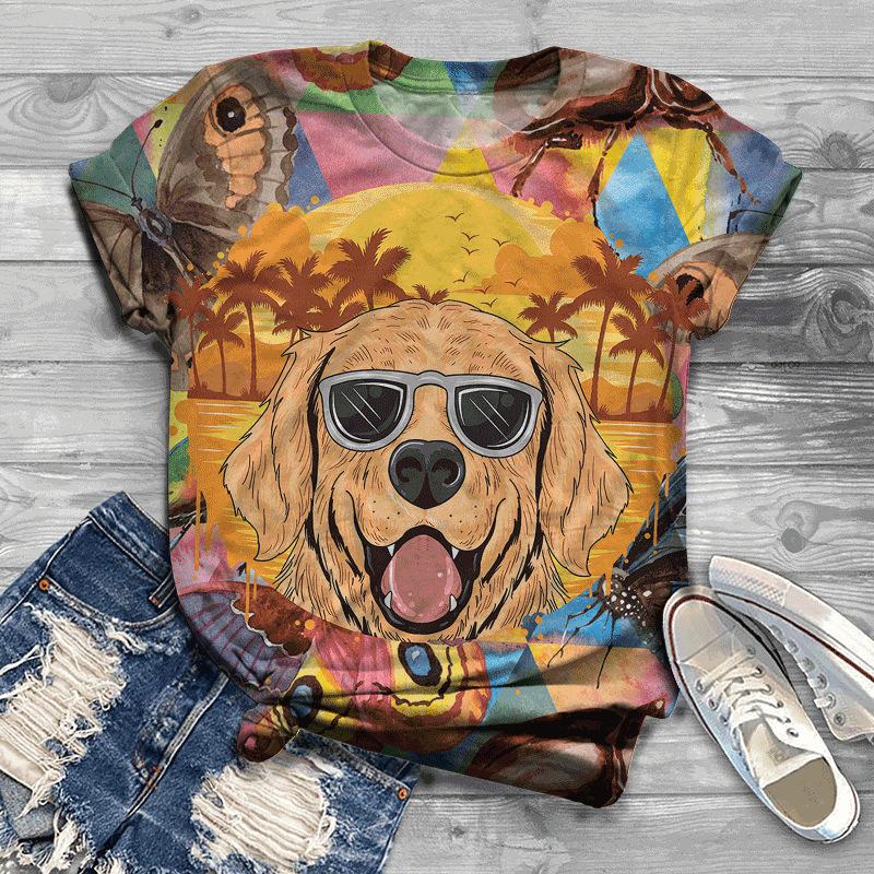 Summer New Printed Short Sleeve Top for Women, Round Neck 3D Dog Printed Women's T-shirt
