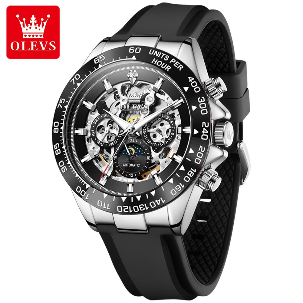 OLEVS Luxury Skeleton Moon Phase Date Watch For Men High Quality Automatic Mechanical Luminous Waterproof Men's Watches Reloj