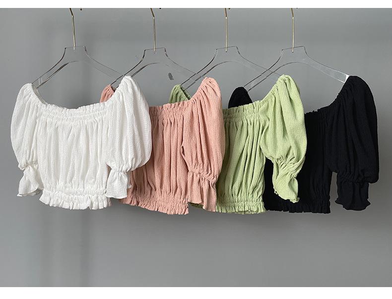 Korean Ruffled Off-Shoulder Puff Sleeve Lace Cropped Top