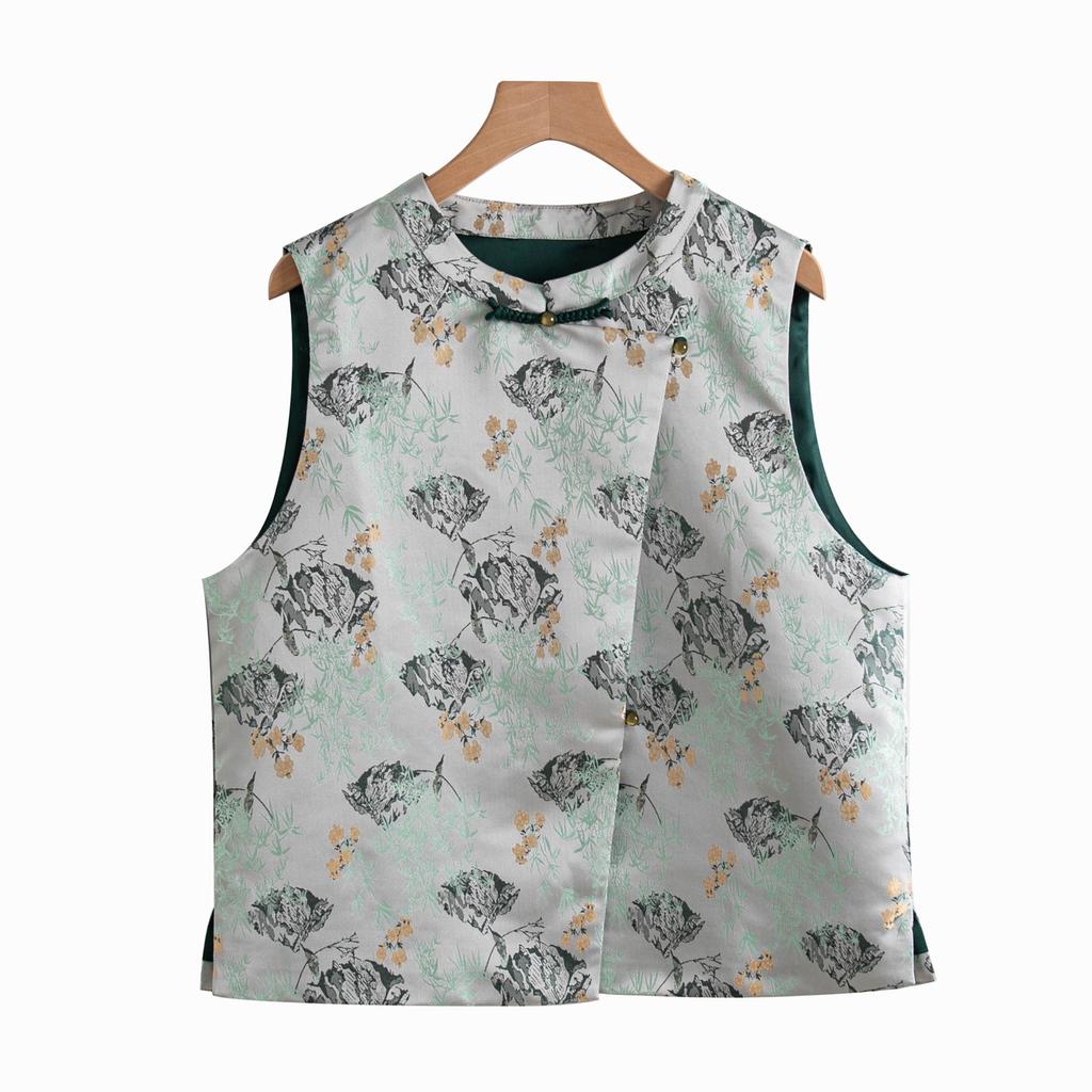 New Chinese Blue Vest National Style Young Sleeveless Vest Thin Spring and Autumn Wear Silk Mulberry Silk