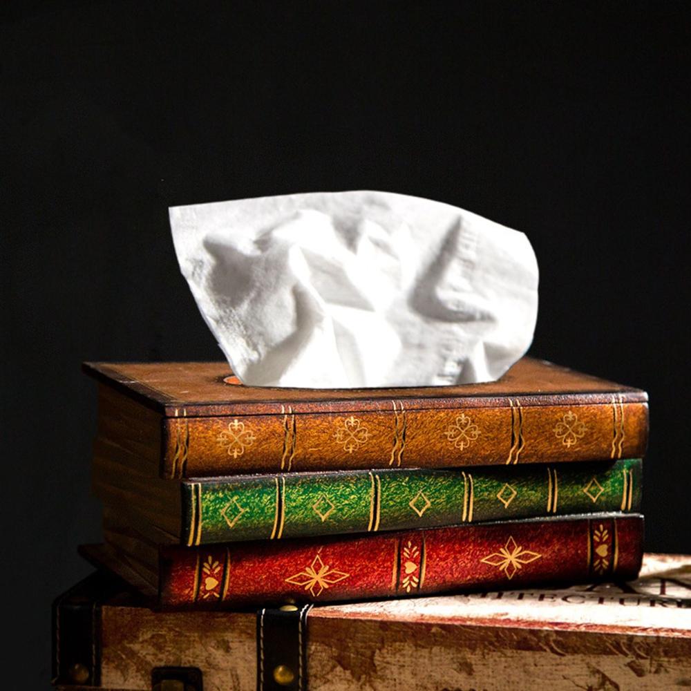 Wooden Antique Book Shaped Napkin Box Tissue Holder Wipes Storage Case Paper Towel Dispenser
