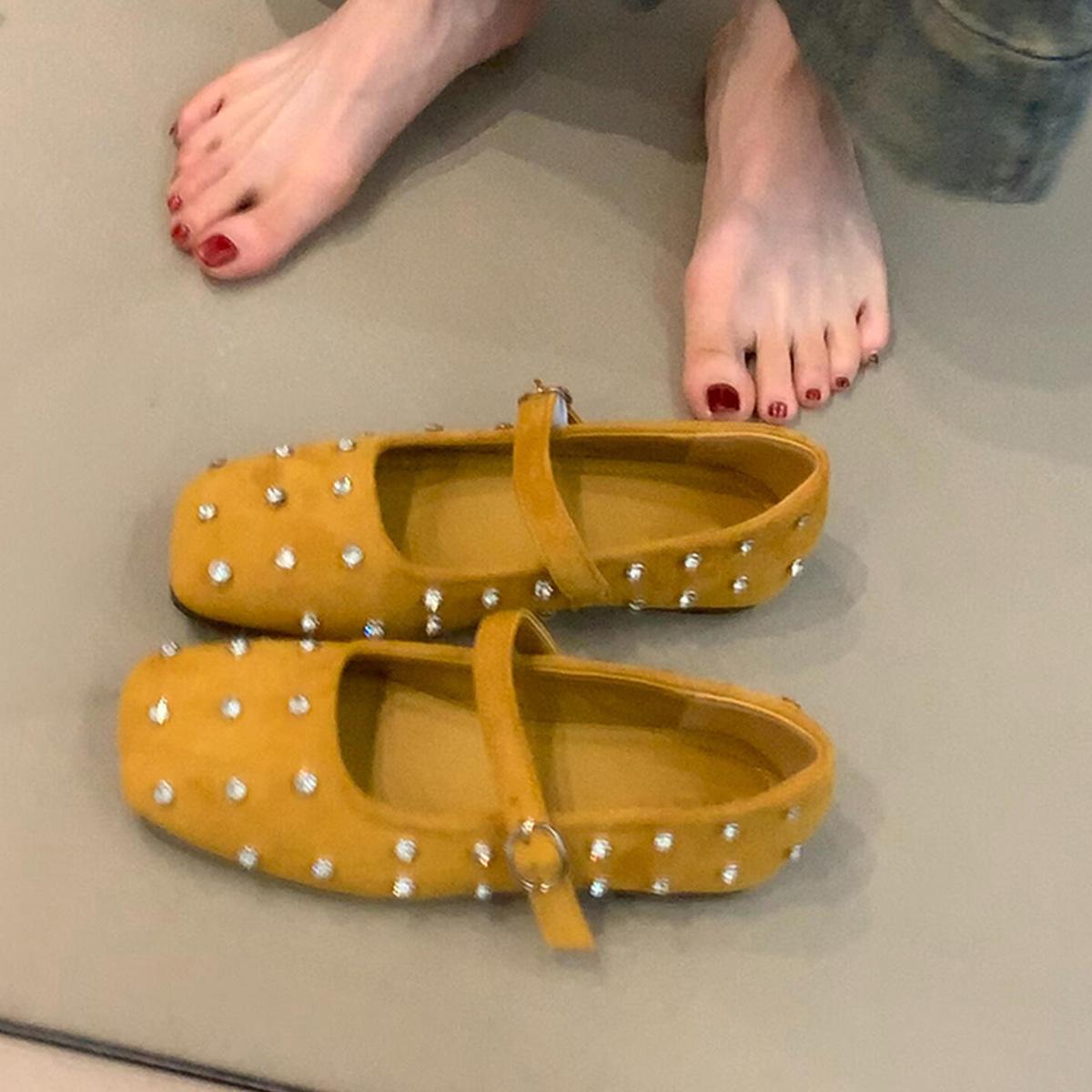 

Retro rhinestone flat bottom shallow mouth single shoes with buckle square head matte suede soft sole Mary Jane shoes 35