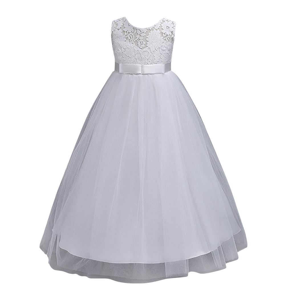 Abito Da Principessa Per Bambina Con Pizzo Floreale E Perline - Cerimonia, Matrimonio, Prima Comunione - Linea A Senza Maniche