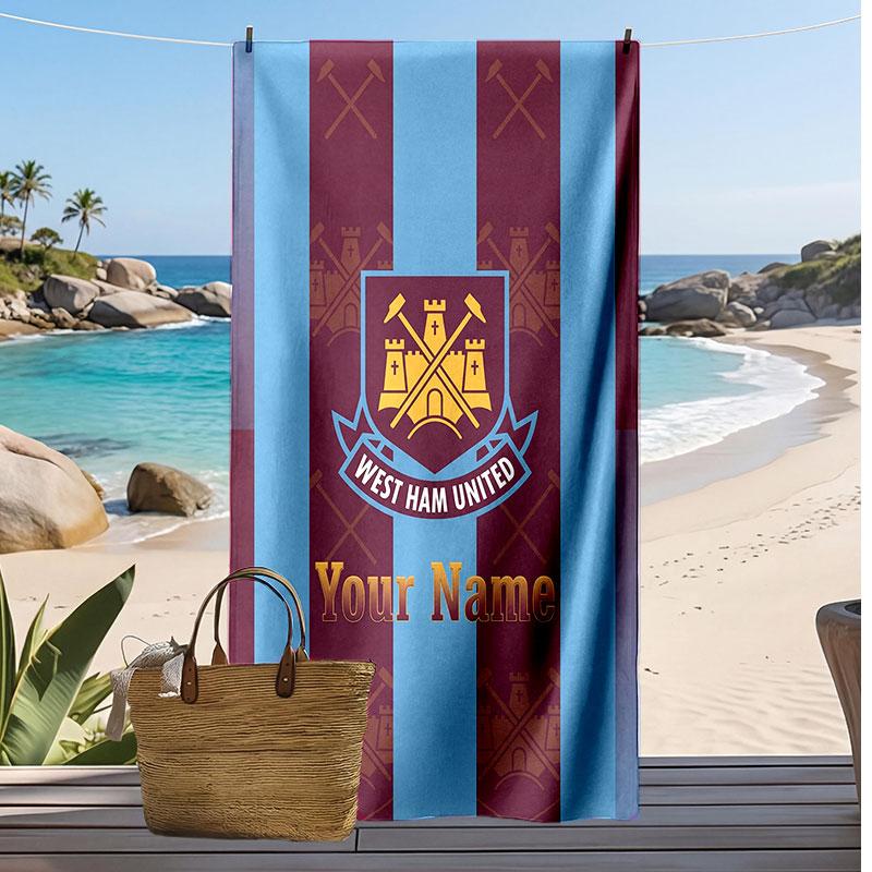 West Ham United FC Personalized Printed Beach Towel Soccer Logo Support Custom Name Text Absorbent Towel For Sport Travel Special Gift