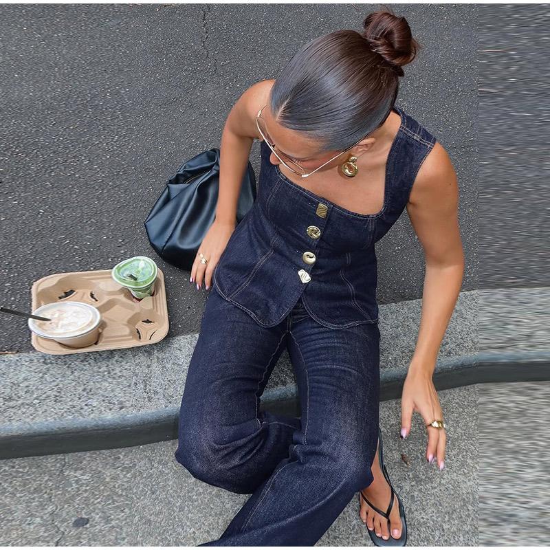 Street Denim Pants Set Women Sleeveless Single Breasted Slim Square Collar Tank High Waist Straight Jeans 2025 Summer Lady Suit