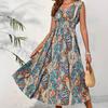 European and American summer casual style casual women's clothing V-neck V-neck lotus leaf skirt loose dress