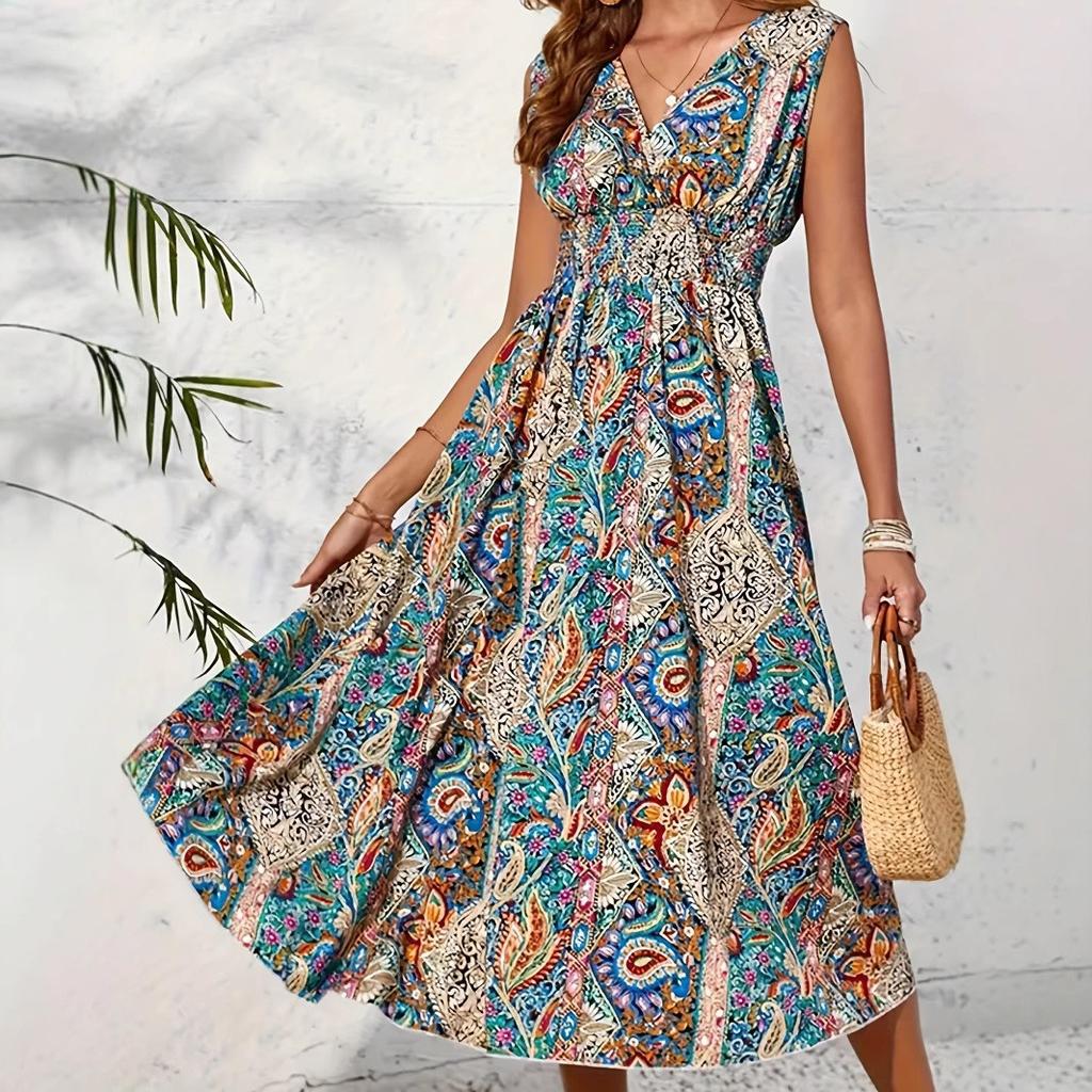 European and American summer casual style casual women's clothing V-neck V-neck lotus leaf skirt loose dress