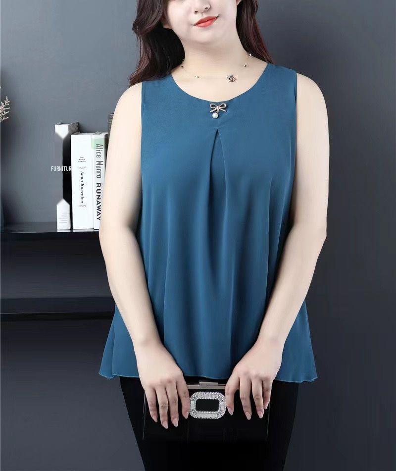 

Women s Plus Size Sleeveless Chiffon Vest - Solid Color, Loose, Stylish, Versatile Base Layer with Round Neck. 5XL (up to 90 kg) синий