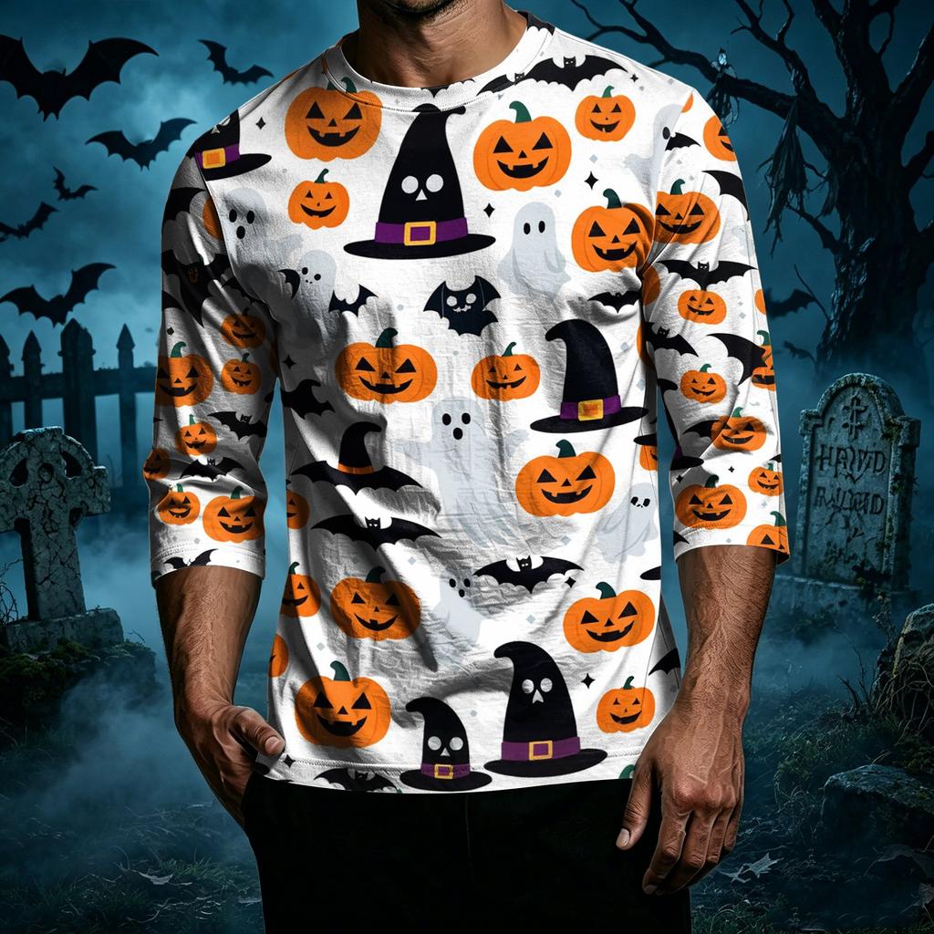 Men's Casual Halloween Print Crew Neck T-Shirt Three Quarter Sleeve Relaxed Fit Lightweight Cotton Blend Top for Everyday Wear