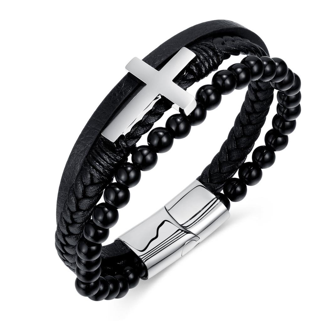 Black Leather Rope Cowhide Men's Natural Stone Leather Woven Bracelet Cross Multi-layer Leather Bracelet 2026