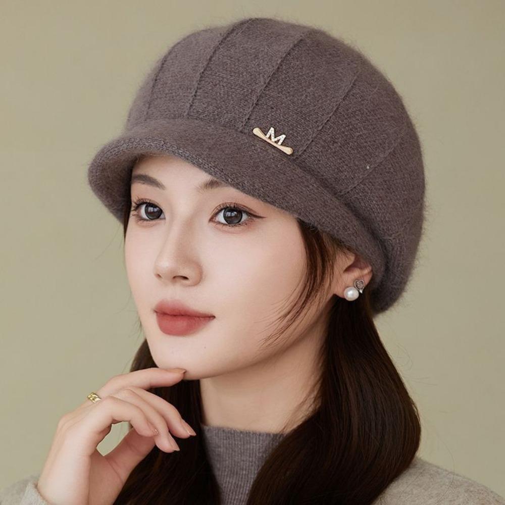 Hat Female Autumn Winter Fashion Versatile Thickened Ear Protector Warm Duck Tongue Beret Rabbit Hair Knitted Wool Hat