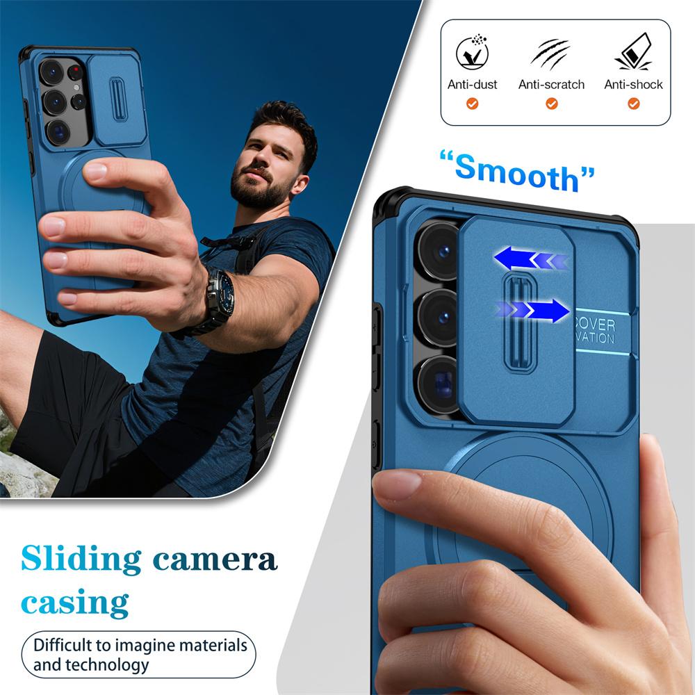 Slide Lens Invisible Folding Magnetic Stand Phone Case For Samsung S25 Ultra S24 Plus FE A56 A36 A26 A16 Camera Protection Cover