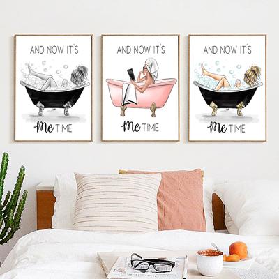 Meisje Bubblebad Scandinavische Poster Nu Is Het Mijn Tijd Kunstprint Abstracte Quote Canvas Schilderij Muurfoto's voor Badkamer Huisdecoratie