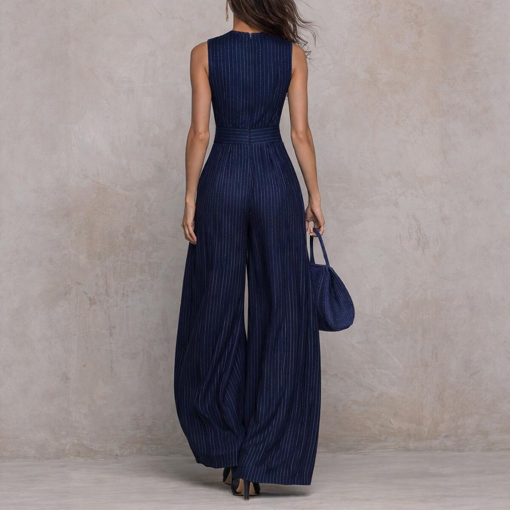 Mono Largo de Mujer con Cuello Alto, Abertura de Cerradura, Sin Mangas, Estampado a Rayas, Cintura Alta, Holgado, Pierna Ancha