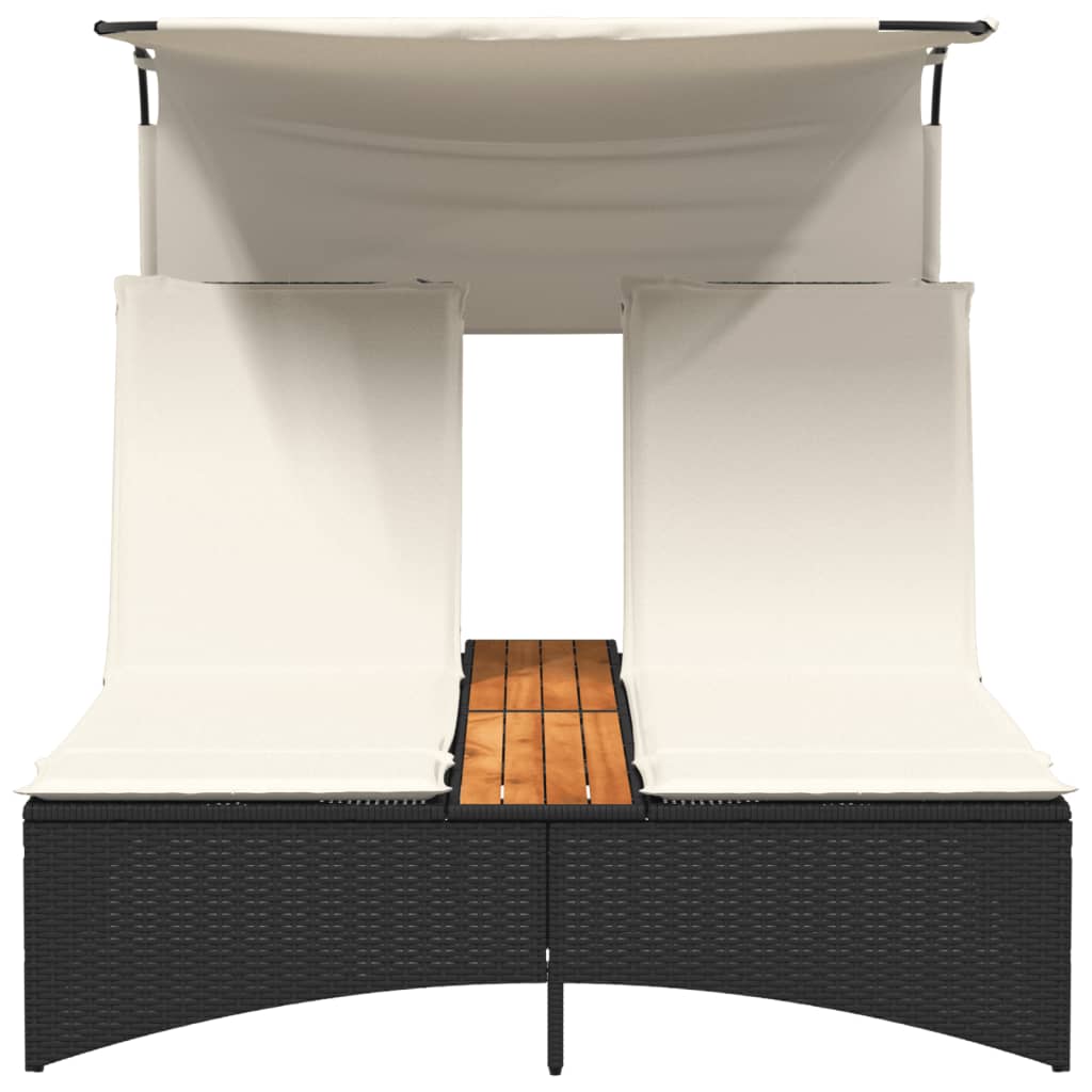 Double Sun Lounger with Canopy and Cushions Black Poly Rattan