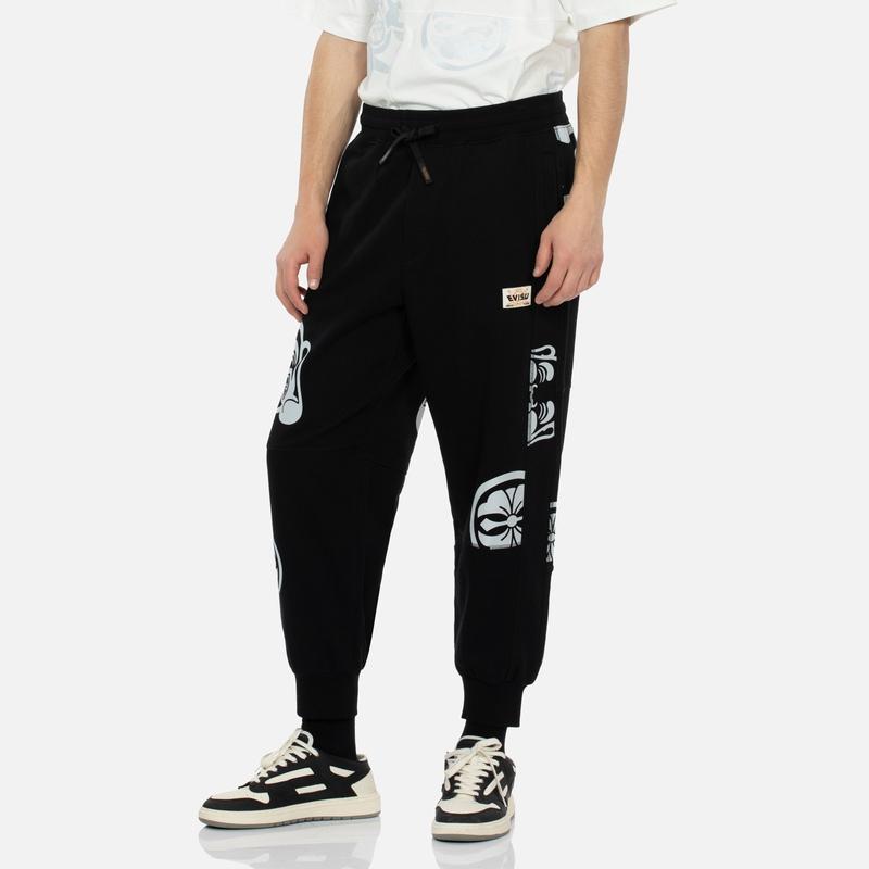 Evisu Buddha Head And Family Flower Print Wide Leg Casual Pants Men pants Black 2ESHTM4SP8050LFCT
