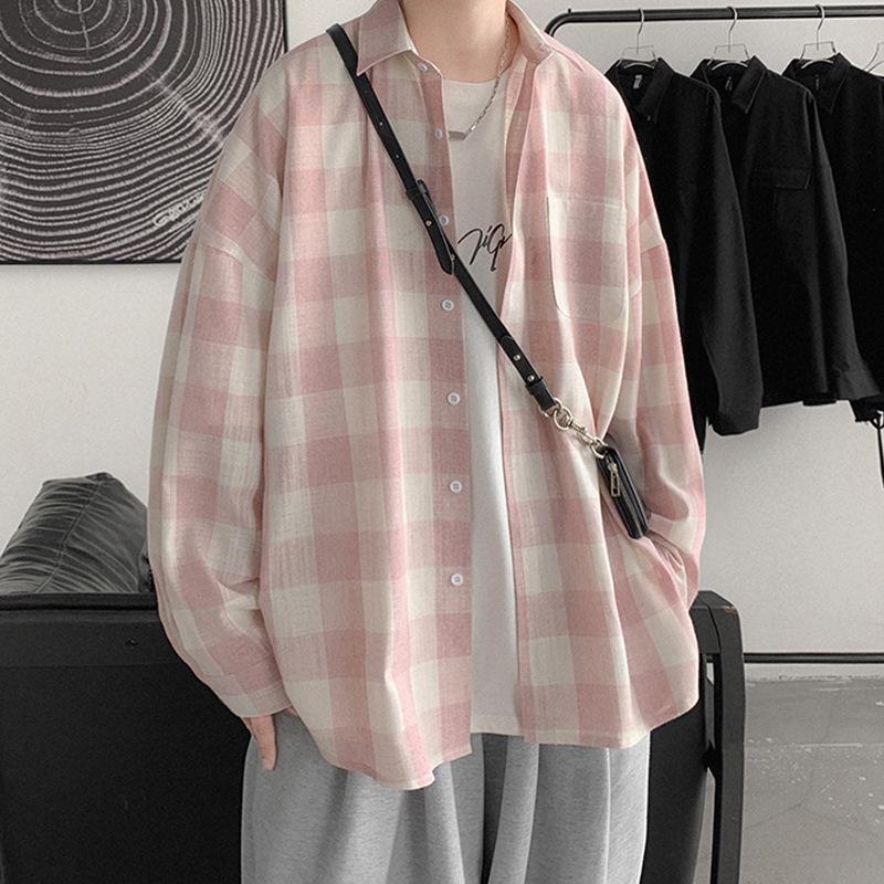 Herrskjorta i rutigt mönster i koreansk stil, Vår 2021 - Tonåring Långärmad, Lös passform, Trendig jacka