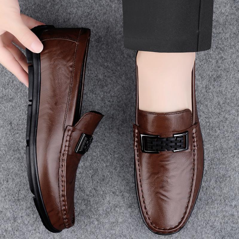 Fashion Advanced Texture Lightweight Genuine Leather Men's Formal Leather Shoes Handmade Soft Comfortable Non-slip Casual Men Bean Shoes