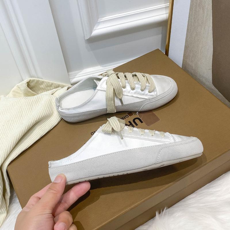 Little White Shoes Women's Summer Niche Design Shoes Satin Silk Versatile Casual Half Drag One Pedal Lazy Shoes