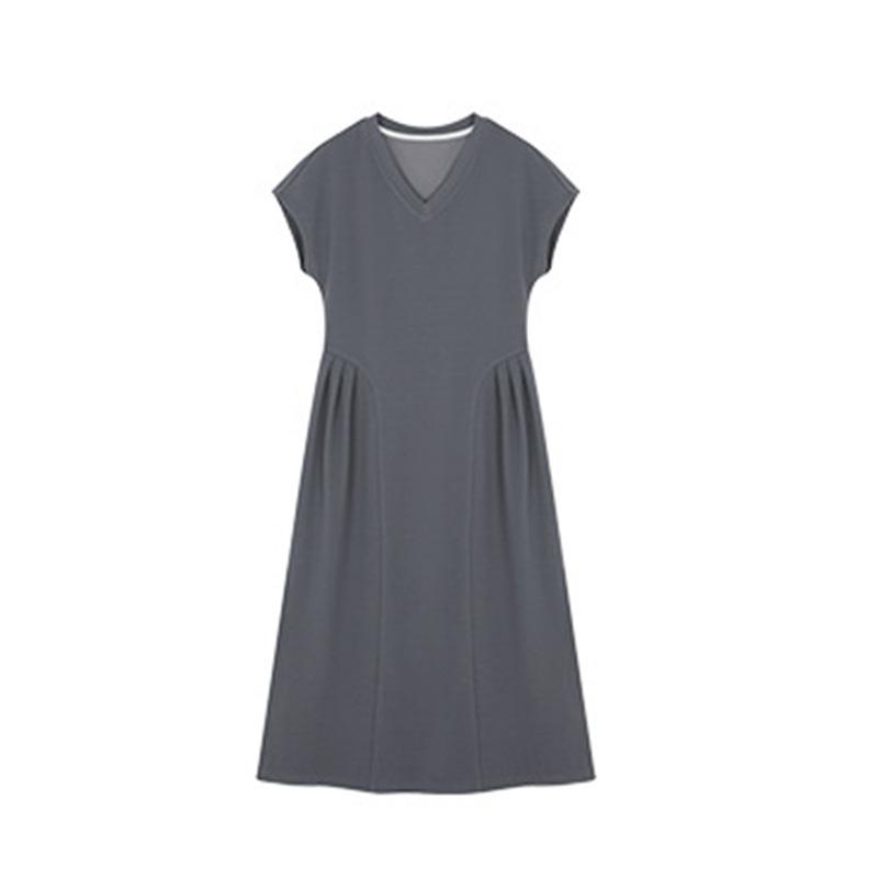 Women s summer casual short-sleeved dress women s summer new three-dimensional pleated design waist and thin V-neck dress S темно-серого