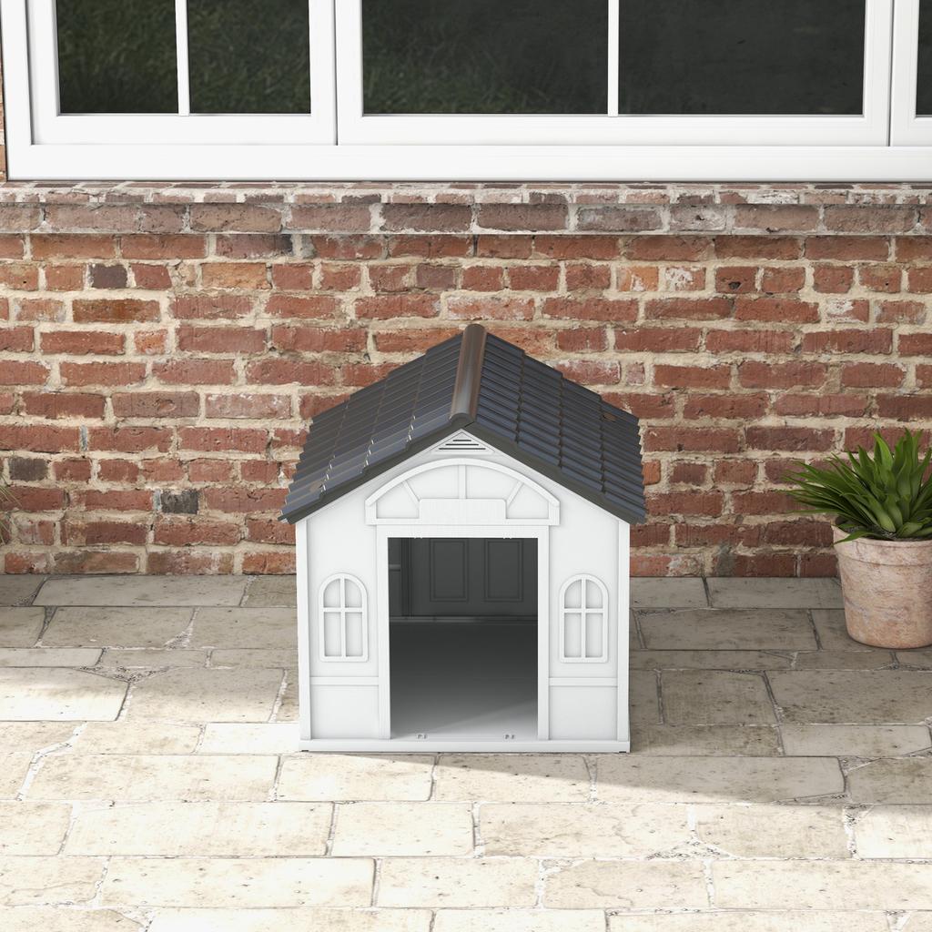 Waterproof PP Dog House with Sloped Roof and Entrance Door, 65x75.7x63 cm, Grey