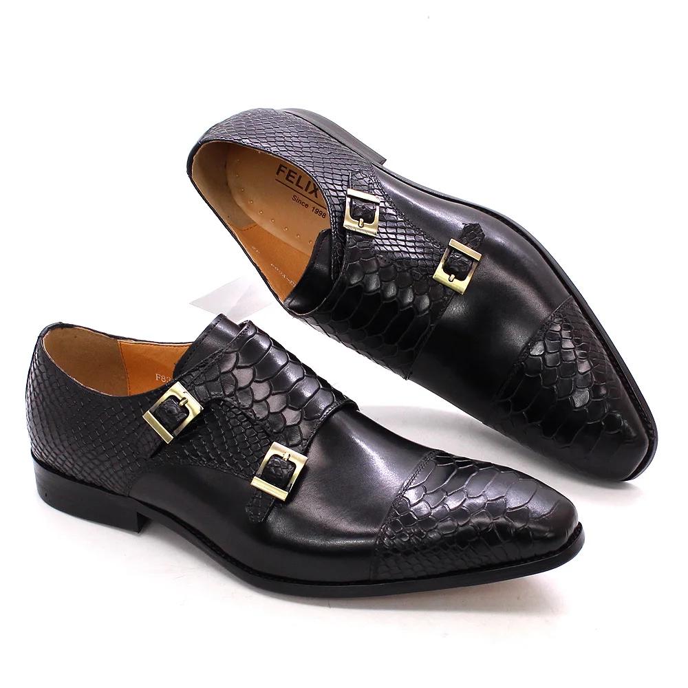 Fashion Men's Dress Shoes Size 39-46 Genuine Leather Double Buckle Monk Strap Snake Print Cap Toe Classic Italian Style