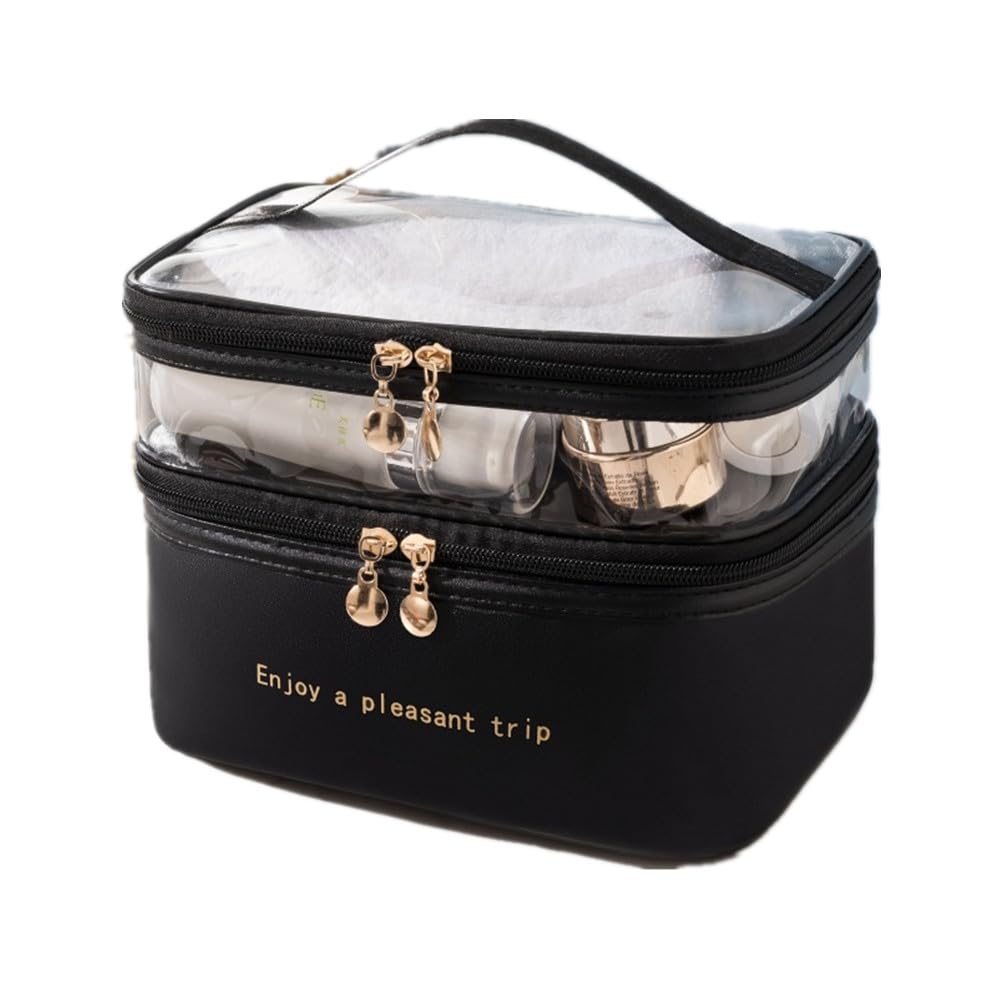 FLORPERRY Makeup Cosmetic Makeup Large Capacity Cosmetic Makeup Storage Makeup Travel Toiletry Travel Black Double Layer Box, Pouch, Bag, Pouch,